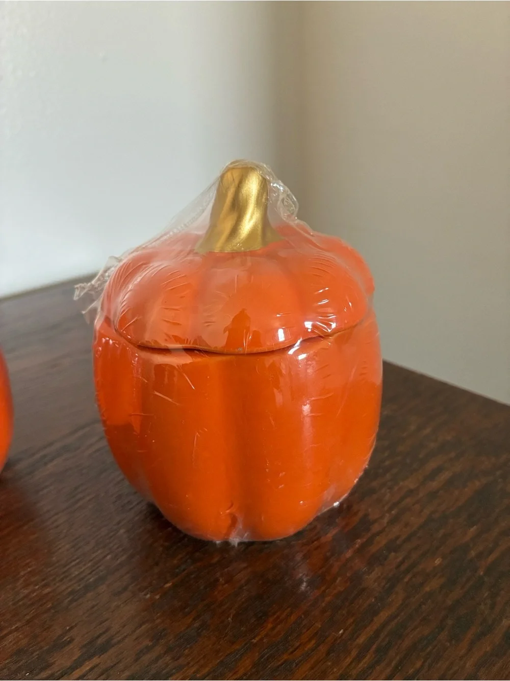 NWT- Set of 3- Orange Ceramic Pumpkin Jars with Lid & Gold Stems